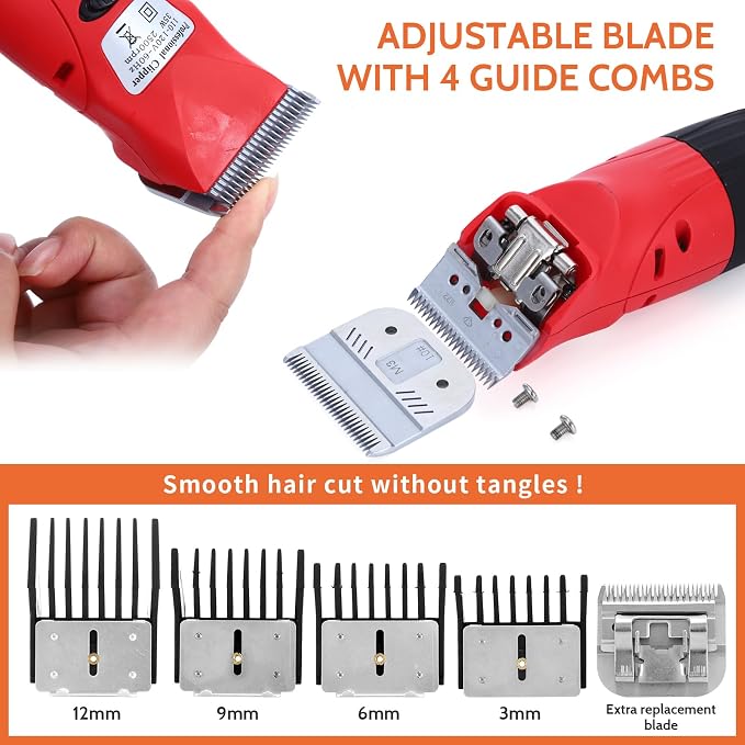 DUCKBOY 35W Pet Clipper Grooming Kit, 4 Interchangeable Blades, 3m Cable | Ideal for all dogs & cats. Home grooming with 4 stainless steel blades, 35W motor, 3m cable. Quiet, safe trimming