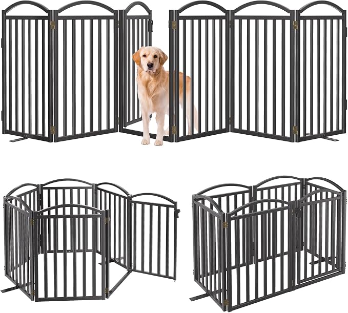 Malier Metal Freestanding Dog Gates with Door, Outdoor Indoor Dog Fences, Extra Wide Foldable Puppy Gate for Stairs, Hallways, Yard (Black, 120''W × 32''H【6 Panels】)