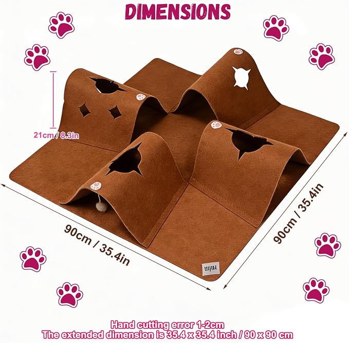 Cat Tunnel Play Mat for Indoor Cats, Felt Interactive Pet Toy with Hidden Ball, Enrichment Activity Rug, Collapsible Cave for Kittens & Small Pets (Brown)