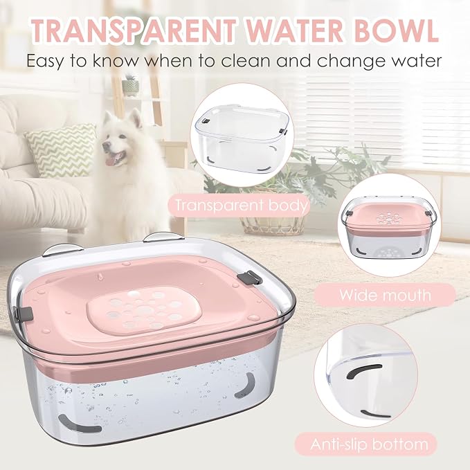3L No Spill Dog Water Bowl with Slow Drinking Disk(Pink) | Clear Acrylic, Easy Water Check, Non-slip Pads, Slobber Stopper Splash Proof Water Bowl for Sloppy Messy Drinkers Reduce Mess