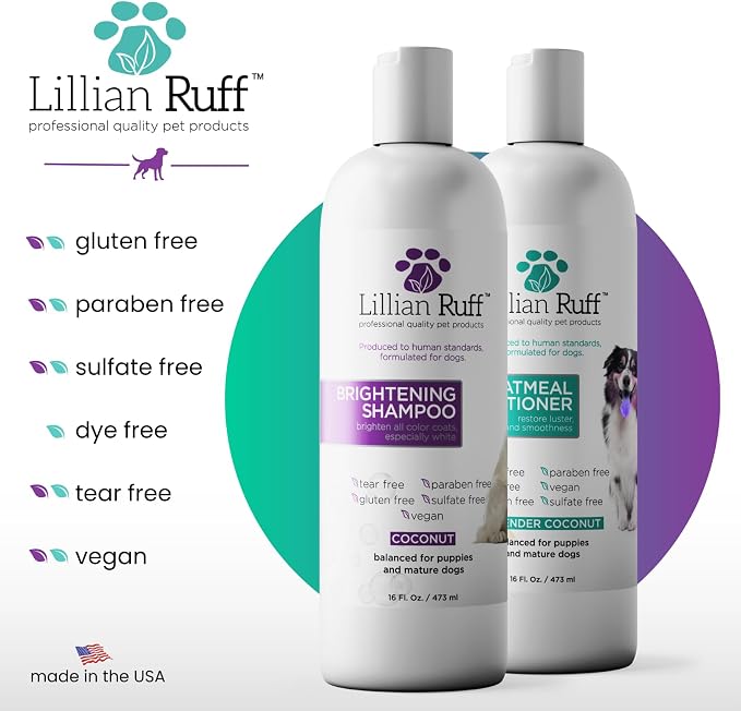 Lillian Ruff Brightening Shampoo & Oatmeal Conditioner Set for Dogs – Safe for Cats - Tear Free Coconut Scent with Aloe for Normal, Dry & Sensitive Skin