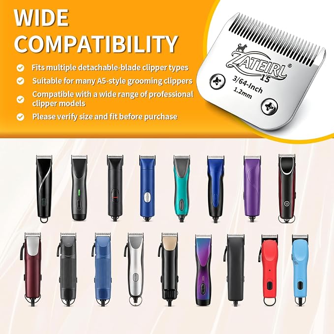 Size 15 Detachable Pet Grooming Clipper Blade with Ceramic Cutter, 1.2mm 3/64 Inch Cut Length, Silver, Compatible with Andis, Oster A5, Wahl KM10, 3 Pack