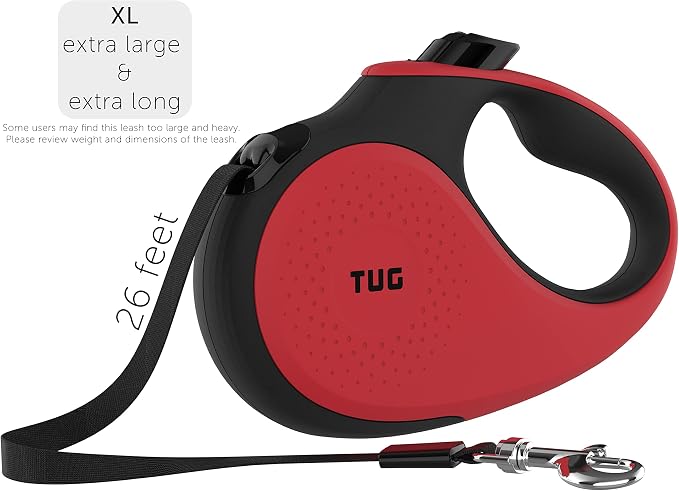 TUG XL 360° Tangle-Free Retractable Dog Leash with Anti-Slip Handle | 26 ft Strong Nylon Tape | One-Handed Brake, Pause, Lock (Extra Large, Red)