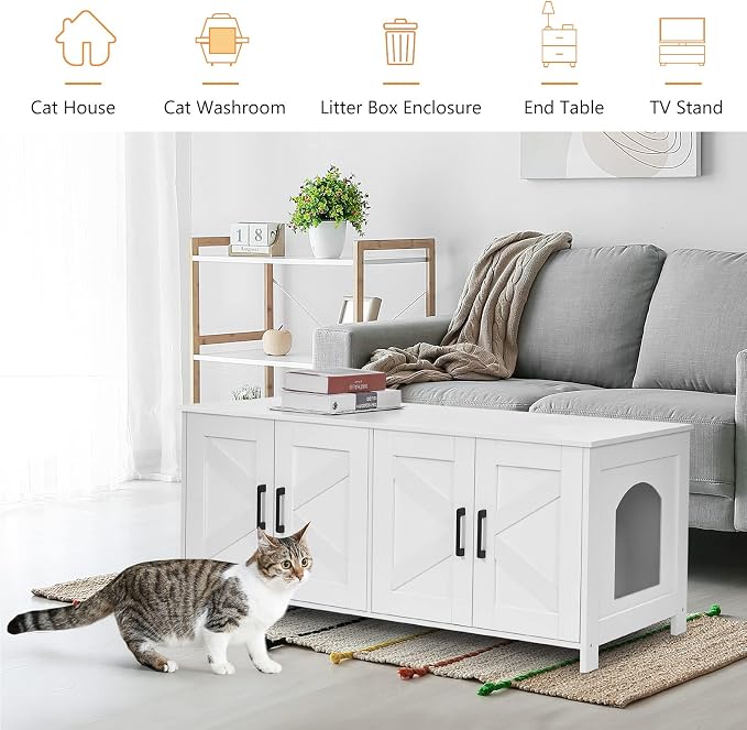 Homhedy 47.2”L Cat Litter Box Enclosure for 2 Cats, White | Wooden Litter Box Furniture Hidden with Double Room, Cat Washroom, Cat House, Dog-Proof, TV Stand,Farmhouse Style