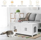 Homhedy 47.2”L Cat Litter Box Enclosure for 2 Cats, White | Wooden Litter Box Furniture Hidden with Double Room, Cat Washroom, Cat House, Dog-Proof, TV Stand,Farmhouse Style