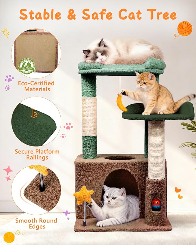 Small Cat Tree, Compact 30" Cat Tower for Indoor Kittens | Plush Finish, Cozy Condo, Soft Top Perch, Sisal Scratching Post, Dangling Ball Toy, Anti-Tip Base, for Cats up to 15 lbs