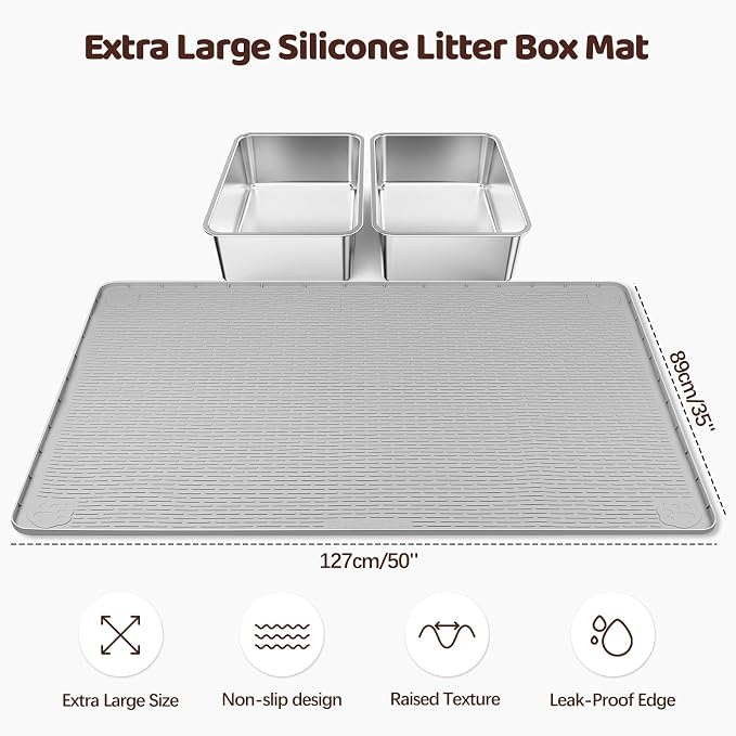 Silicone Cat Litter Mat for Litter Box 50”x35” Large Cat Mat, Light Grey | Waterproof, Non-Slip, Leak-Proof Rug Mat with Lip, Easy to Clean, Extra Large Litter Catcher Mat for Floor