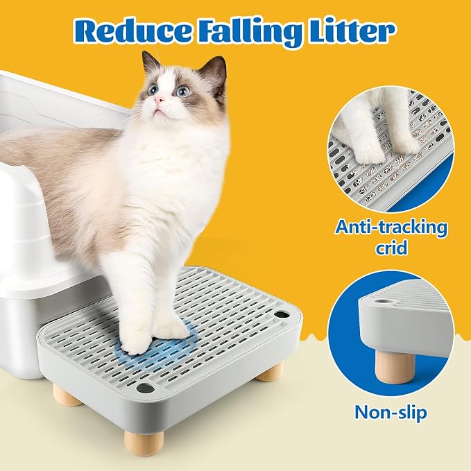 Litter Box Step, Cat Litter Ramp Catcher with Wooden Base, Grey | Cat Step with Filter Function, Anti-Tracking Litter Box Step Stool, Ideal for Kitten & Elderly Cats, Easy to Clean