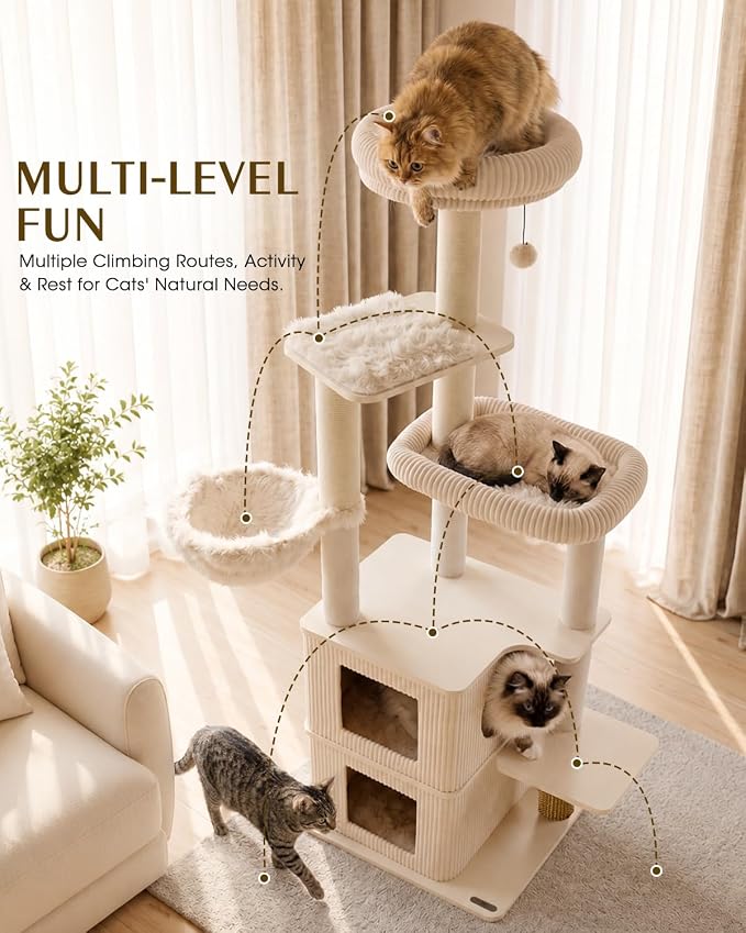 63" Heavy Duty Cat Tree for Indoor Cats, Sturdy Cat Tower for Large Cats with Scratching Post, Plush Top Perch, Cat Condo (White Oak)