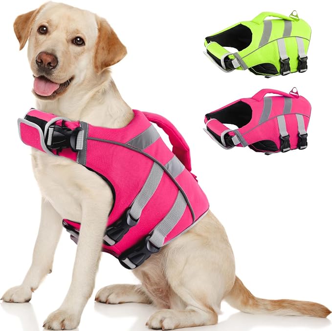 Kuoser Reflective Dog Life Jacket, Dog Life Vest for Swimming Boating | Adjustable Pet Lifejackets, High Flotation Doggie Swimsuit with Rescue Handle for Small Medium Large Dogs