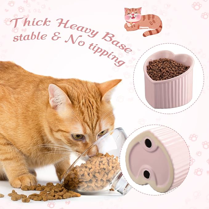Mumufy 2 Pcs Ceramic Elevated Cat Bowls Tilted Elevated Raised Pet Bowls Anti Vomit Cat Dish for Indoor Stress Free Water Dish Feeder for Puppies, Heart Shaped(Pink, White)