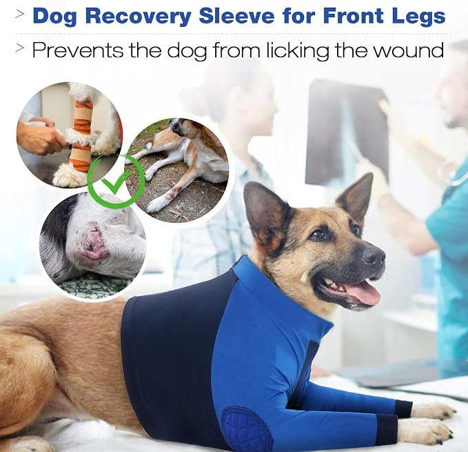 Lelepet Dog Recovery Suit for Front Legs, Dog Sleeve to Stop Licking Blue | Elbow Protector for Leg Injuries Shoulder Wounds After Surgery Male Female,Zippered Long-Sleeved Shirt Cone Alternative S-3XL
