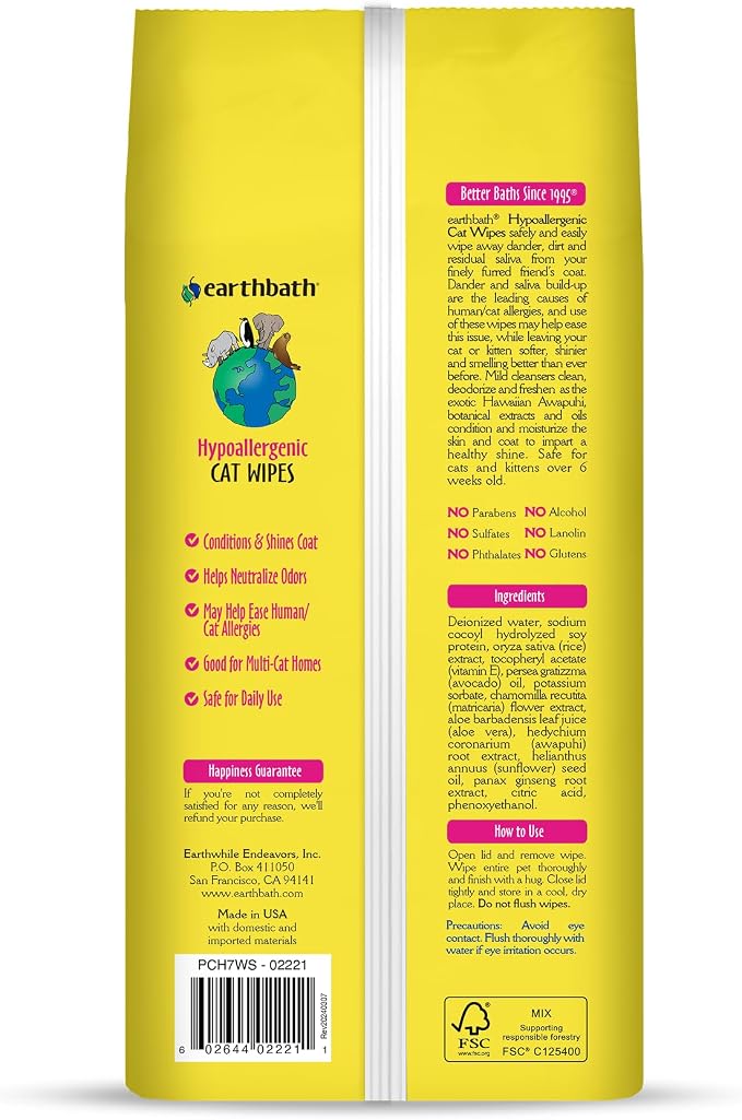 earthbath Hypo-Allergenic Grooming Wipes, Vitamin E, 100 Count, Pack of 1 | Fragrance Free Aloe Vera, Gentle on Sensitive Skin, Good for Dogs & Cats - Handily Clean Your Pets' Dirty Paws & Undercoat