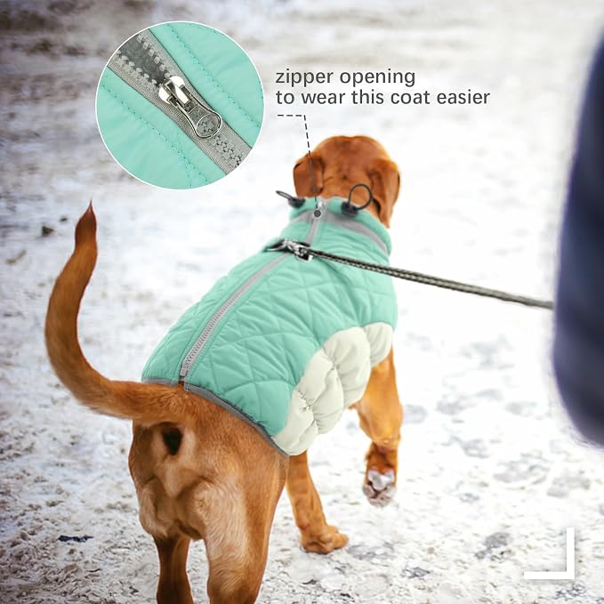 FUAMEY Dog Coat for Large Dogs, Fleece Dog Winter Jacket with Harness | Puppy Cold Weather Coats Reflective Pet Puffer Vest with Zipper Water-Resistant Warm Dogs Snowsuit Windproof Mint Green XXXL