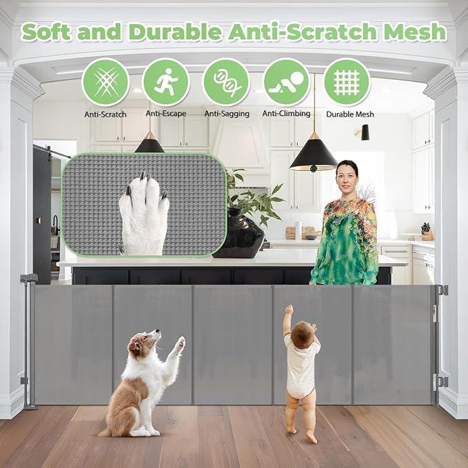 Reinforced 120" Extra Wide Baby Gates for Large Openings, Easy Install/Gray | Indoor/Outdoor Retractable Dog Gate, Prevents Crawling Under, Space-Saving, Easy to Use, Scratch-Resistant Mesh, Safety Lock