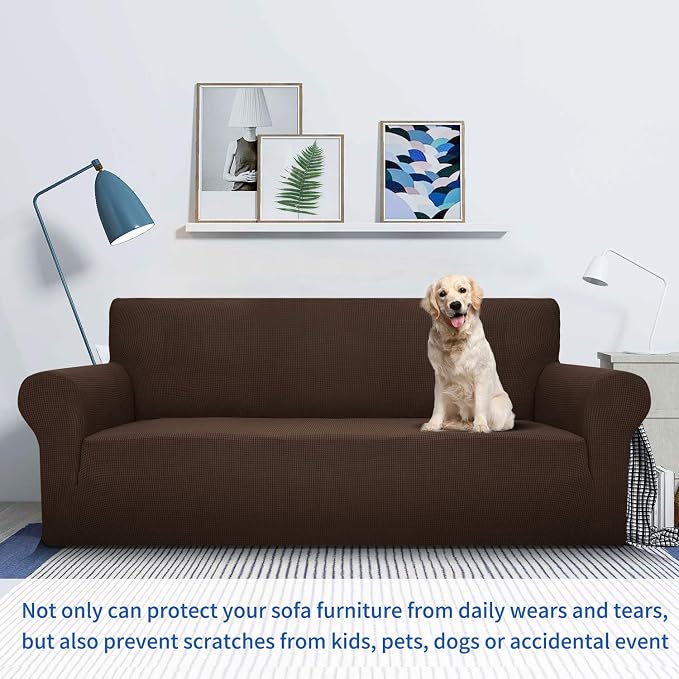MAXIJIN Super Stretch Couch Cover for 3 Cushion Couch, 1-Piece Universal Sofa Covers Living Room Jacquard Spandex Furniture Protector Dogs Pet Friendly Fitted (Extra Large, Coffee)