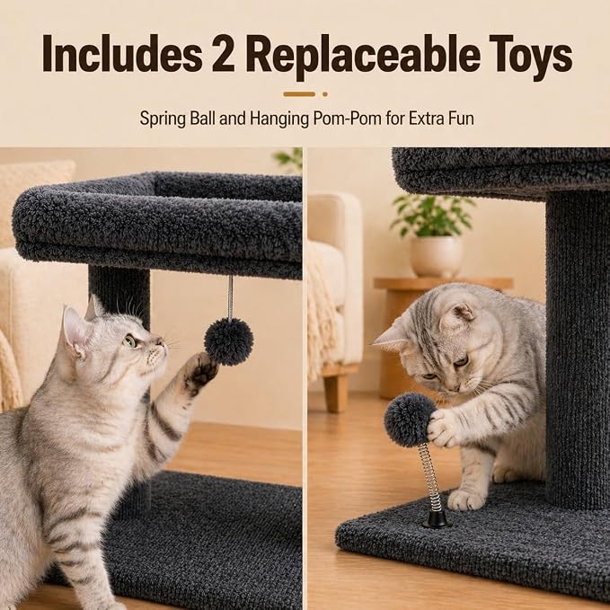 Small Cat Tree with Large Top Perch for Indoor Cats, Grey | Carpeted Scratching Post | Soft Plush Bed | Furniture Protecter | Small Cat Tower | Replacement Toy Balls | Space-Saving
