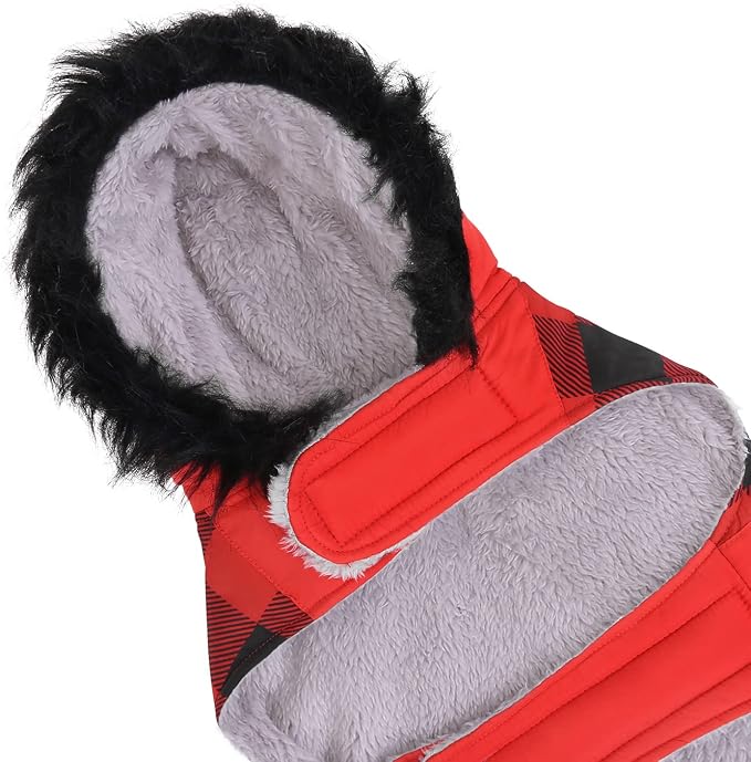 HDE Dog Puffer Jacket Fleece Lined Warm Dog Parka Winter Coat with Harness Hole Buffalo Plaid - L