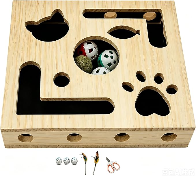 Cat Nail File Scratcher,Large Solid Wood Cat Toy Box with Sandpaper Inside, Interactive Indoor Cat Toy, Cat Claw Saver Box, 3 Bells & 2 Cat Wand& 1Cat Nail Clippers