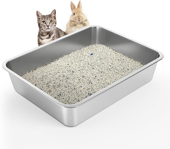 WENBOKMIN Stainless Steel Cat Litter Box - Litter Box for Cats - Easy to Clean, Never Absorbs Odor, Stains, or Rusts - Silver (17.7" L x 13.5" W x 4" H)