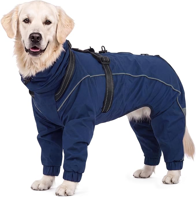 Kuoser Waterproof Hooded Dog Raincoat, Full Body Coverage, Navy Blue 2XL | Heavy-duty waterproof material blocks rain thoroughly, Ergonomic fit for free movement, Built-in Harness, reflective strips