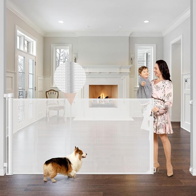 Reinforced 42" Extra Tall x 75" Wide Retractable Gate with Support Rods - Prevent Crawling Under Extra Tall Baby Gate Retractable Dog Gate Indoor Long Dog Gate Outdoor Retractable Pet Gate, White | Tall Retractable Baby Gate Prevents Crawling Under, Sp...