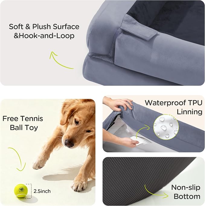 Waterproof Orthopedic Dog Bed for Extra Large Sized Dogs | Memory Foam Pet Bed Sofa with Bolster, Dog Couch with Washable Cover & Non-Slip Bottom, 45x35 Inch, Dark Grey