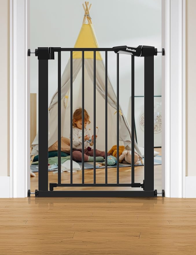 BABELIO 26-28.5 Inch Narrow Easy Install Baby Gate, Auto-Close Pet Gate for Small Stairs and Doorways, NO Drilling Pressure Mounted, NO Extensions, Black