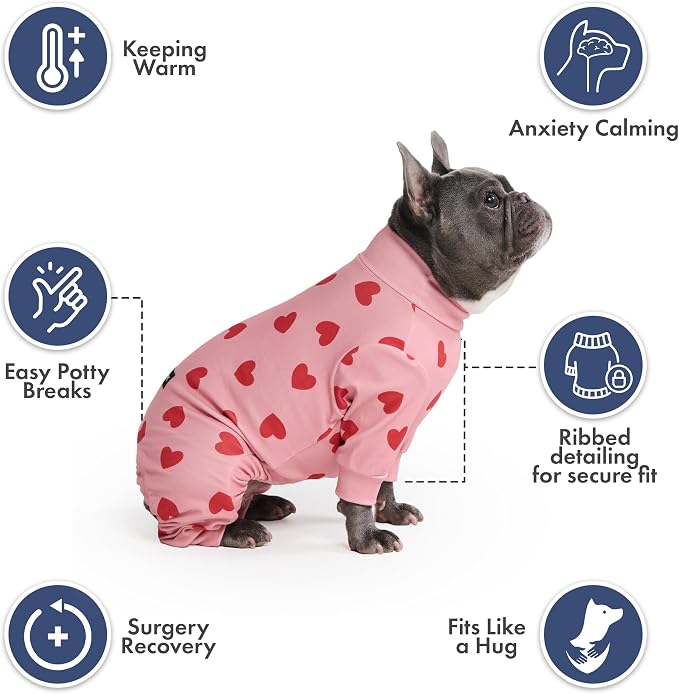 Spark Paws Dog Pajama, Dog Recovery Suit Male, Onesie, Ultra-Soft and 4-Way Stretch, for Small Medium and Large Breeds - Pink Hearts - XL