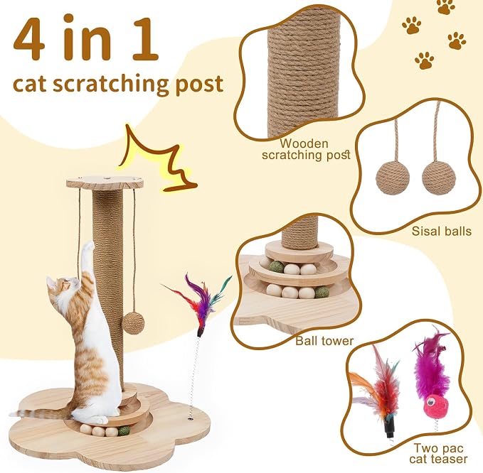4-in-1 Wider Cat Scratching Post for Large Cats, Cat Tower for Indoor Cats | Wooden Cat Scratcher Toy w/ 2-Level Track, 8 Balls, 2 Sisal Balls & 2 Wand Toys; Stable Indoor Activity Center for All Ages
