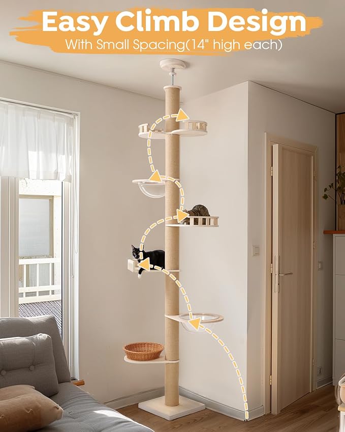 Veehoo Floor to Ceiling Cat Tree,106-123" Adjustable Tall Tension Cat Tower | 4.5" Sturdy Thickened Scratching Posts, Space-Saving, 7 Tier Climbing Pole, No Drilling, Corner Tree for Indoor Cat, Wood
