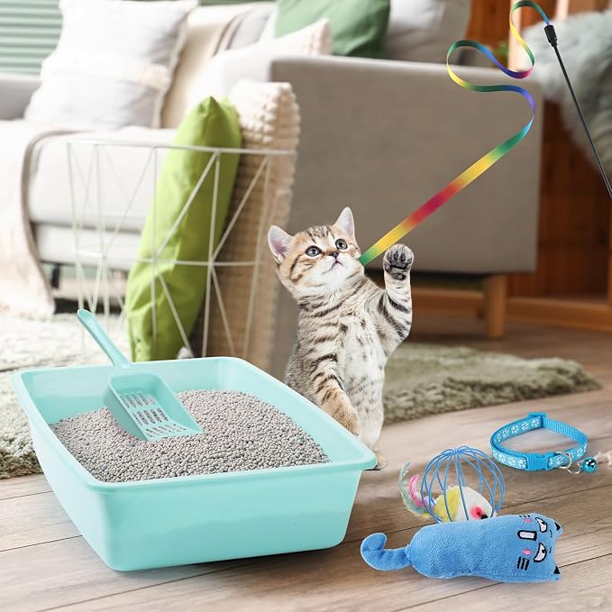 7 Pcs Small Cat Kitten Starter Kit Cat Litter Box with Shovel Paw Litter Mat Double Automatic Kitten Bowls Toy Teaser Stick Collar Essentials Kits for 1-3 Lbs Beginner(Simple,Blue)