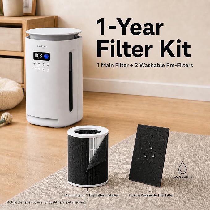 Provirtec Pet Air Purifier for Home with 2 Washable Pre-Filters, H13 HEPA | For pet homes: 360° intake, 1-Year Filter, 1800 sq ft, tested pet hair and odor reduction, PM2.5 Auto and 23 dB Sleep