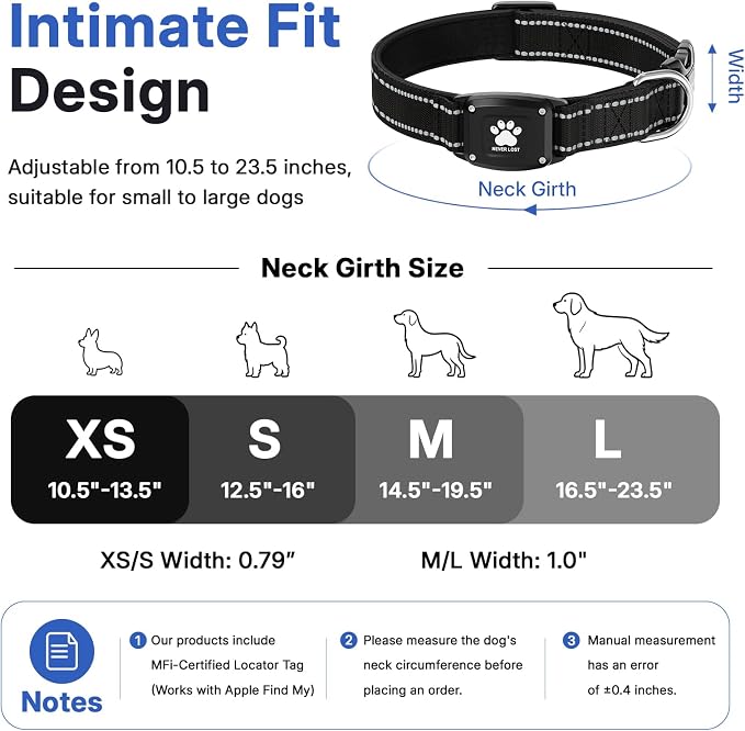 GPS Dog Collar Tracker 2-in-1,Reflective Waterproof Pet Collar,iOS-Only,No Monthly Fees,Unlimited Range,Dog Tracking Collar Pet Tracker,for Small Medium Large Dogs(XS (10.5"-13.5"), Black)