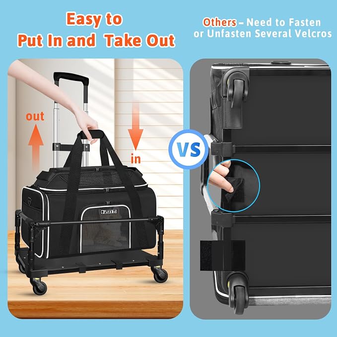 Petskd Top-Expandable Small Pet Carrier with Wheels Airline Approved | 18"x11"x11", for Delta/American/United Airlines, Lockable Safety Zippers and Anti-Scratch Mesh, Pets Under 10 Lbs, Black
