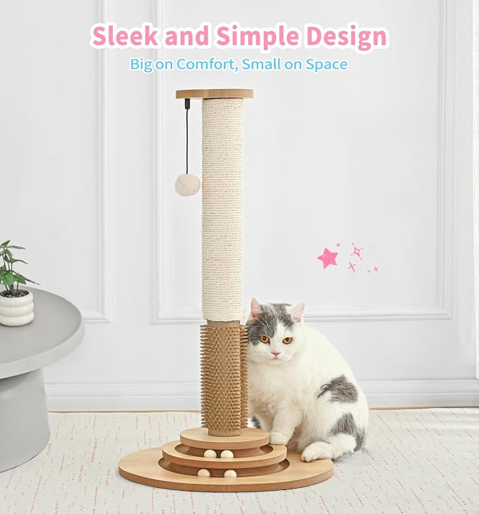 Made4Pets Cat Scratching Post for Indoor Cats with Self Groomer, 28.3" | Cat Scratcher with Natural Sisal Rope, Stable Base and Interactive Ball Track, Cat Toys for Medium and Large Indoor Cats