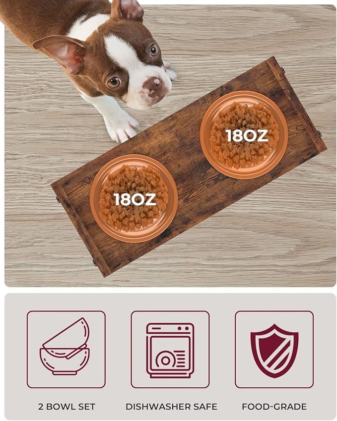 Vantic Elevated Dog Bowls, Raised Bowl Stand Adjustable Small, Rustic Brown | Particle Board Raised Feeder with 2 Stainless Steel Bowls, Adjustable Height for Small Puppies and Cats