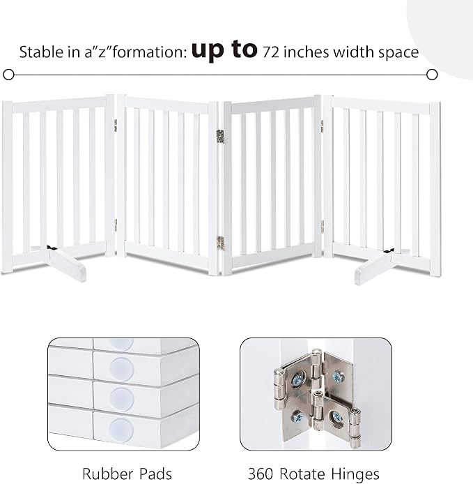 LZRS Freestanding Extra Wide Dog Gate 80" W x 30" H Solid Wooden Pet Gate for Doorways, Stairs, Hallways,Kitchens& Long Areas, Expandable & Foldable with Support Feet,Indoor Use,White