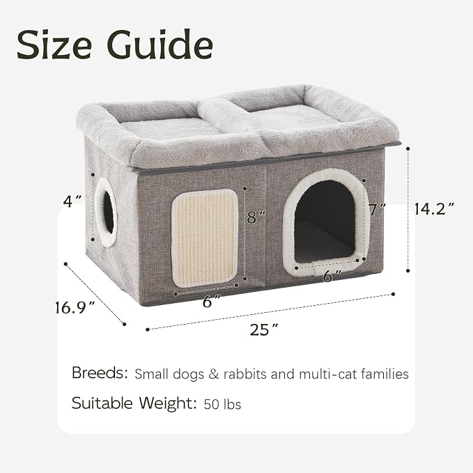 WINDRACING Cat Beds for Indoor Cats - Extra Wide Cats House for Pet and Foldable Kitten Cave Bed with Scratch Pad, Cat Hideaway Condo for Kitten, 25x16.9x14.2 inches, Light Grey