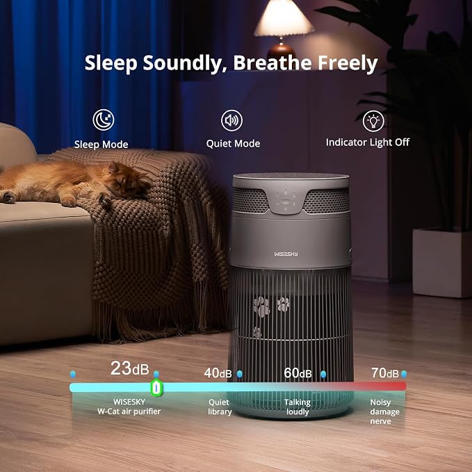 WISESKY Cat Air Purifier with Bite-Resistant Cord & Wide Grille and Tip-Over Protection | Air Purifier for Home with 360° Air Intake for Pet Hair | APP Control | Covers Up to 1644 Sq.Ft