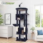 Globlazer F74B Cat Tree for Indoor Cats Large Adult, Multi-Cat, Dark Grey | Easy Setup, 74in Tall Tower, Oversized Top Perch, 2 Large Condos, Hanging Basket, 5 Sisal Scratching Posts, Anti-Topple Strap