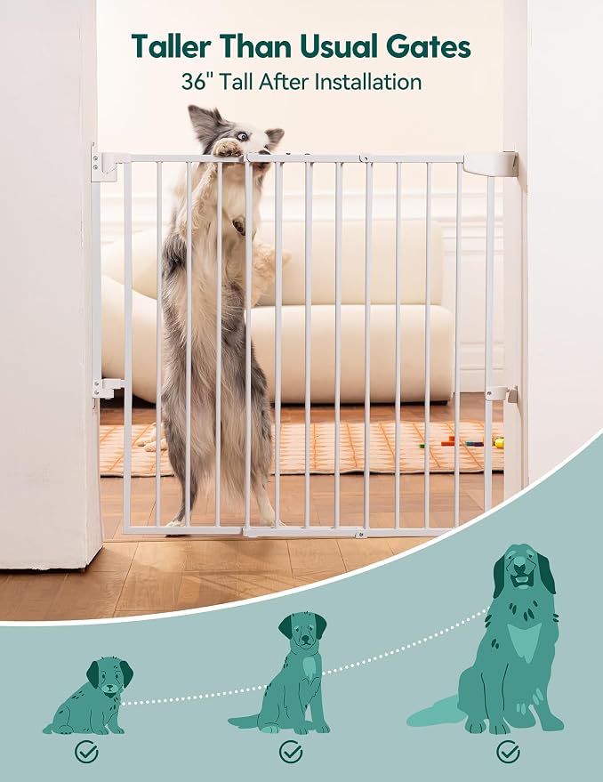 Babelio Extra Tall No Bottom Bar Baby/Dog Gate, 34" H, 29.7-46.5" W, White | Hardware Mount Pet Gate for Indoor Doorways and Hallways with Auto Close, Stay-Open, Wide Walk-through Door, Easy Install