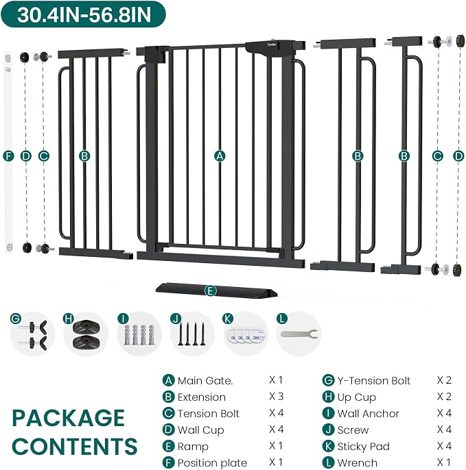 Cumbor 36" Extra Tall Baby Gate for Stairs, 30.4-56.8" Extra Wide Dog Gate Indoor, Dual Lock & Self-Closing Child Gate for Doorways, Hallways & Large Opening, Safety Baby Proofing for the House, Black