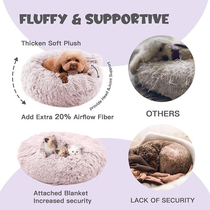 Himax 35in Covered Large Dog Bed with Blanket Attached Calming Burrow Beige | Anti-Anxiety Donut dog bed with cover, Washable Round Fluffy Pet& Cat Beds for Indoor