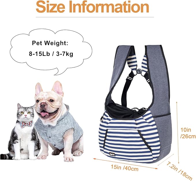 NATUYA Dog Sling Carrier Puppy Carrier, Adjustable Pet Front Sling Carrier Travel Bag with Bottom Pad, Pet Carrier for Small Dog Cat Puppy Traveling Hiking Camping (Bule Strip, 8-15 lb)