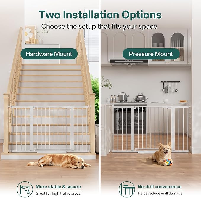 InnoTruth 29.6-50.1 in Extra Wide Baby Gate for Stairs and Doorways, White | Indoor Metal Dog Gate for Pets, Auto Close 2 Way Swing Walk Through Door, Double Lock & Y-Bolts, Pressure or Hardware Mount