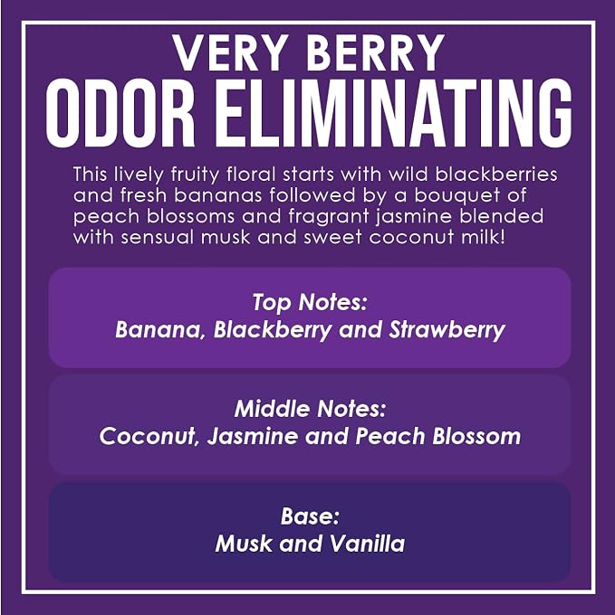 Very Berry Odor Eliminating Highly Fragranced Candle - Eliminates 95% of Pet, Smoke, Food, and Other Smells Quickly - Up to 80 Hour Burn time - 12 Ounce Premium Soy Blend