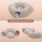 PEQULTI Brown Donut Cat Tunnel Bed Washable Plush Mat Multi for Small Pets | Round play tube with soft detachable plush mat, multi-pet toy fit indoor cats, kittens, puppies, rabbits and ferrets