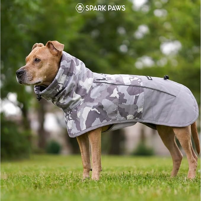 Spark Paws Dog Raincoat, Waterproof Windproof Rain Jacket, for Small Medium Large Extra Large Dogs, Reflective Breathable Full-Body Coverage Dry Suit - Camo Grey - 3XL