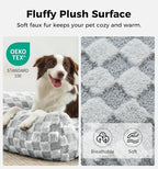 Made4Pets Cat and Dog Indoor Couch Bed, Soft Faux Fur Checkered Pet Sofa, Cozy Fluffy Pet Sofa with Supportive Foam, Removable Washable Cover with Non-Slip Base, Grey, Medium